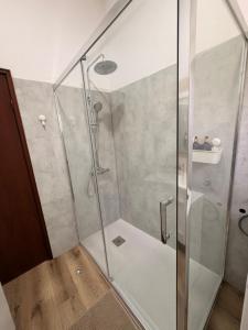 a shower with a glass door in a bathroom at Casa Misarela in Ruivãis