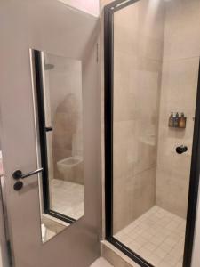 a bathroom with a shower with a glass door at BlackBrick2 in Johannesburg