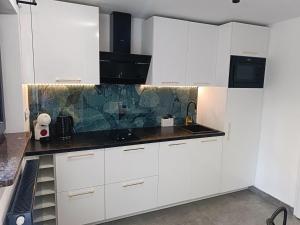 a kitchen with white cabinets and black counter tops at Graphite Residence Chynowo in Chynowo