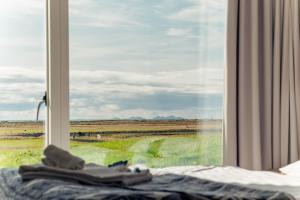 a bed with a view of a field from a window at Farmhouse in Vík +7 photos