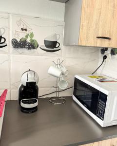 a kitchen with a microwave and a coffee maker on a counter at L'échappée verte in Chirongui