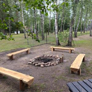 three benches and a fire pit in a park at Apart & Plus 1 in Okuninka +7 photos