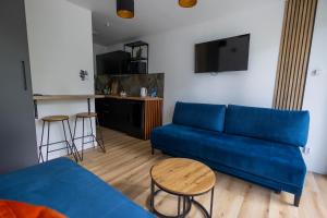 a living room with a blue couch and a table at Apart & Plus 2 in Okuninka