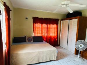 a bedroom with a bed and a window with a fan at Guest house 2 in Upper Conaree