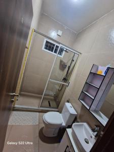 a bathroom with a shower and a toilet and a sink at NestNov in Aguda