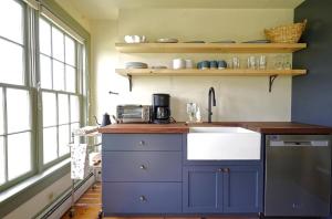 a kitchen with blue cabinets and a sink at Whitford House Cottage in Addison