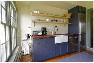 a kitchen with blue cabinets and a sink at Whitford House Cottage in Addison