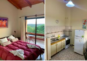two pictures of a bedroom with a bed and a kitchen at Apart hotel Agua Dorada in Cavalango