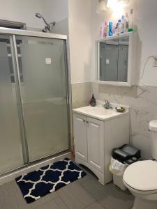 a bathroom with a shower and a sink and a toilet at Classical American House 4 in Brooklyn +32 photos