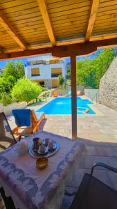 a table with a plate of food on it next to a pool at B&B Hidden gem Blagaj in Blagaj