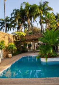 a swimming pool in front of a building with palm trees at The Bliss Boutique in Louis Trichardt