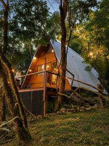 a log cabin in the woods with a tree at Cabana Cipó in Passo Fundo