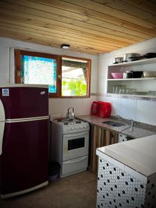 a small kitchen with a refrigerator and a stove at Tano in Villa Gesell +13 photos