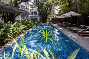 a swimming pool with chairs and a palm tree in front of a building at Pippali Boutique Hotel in Kampot