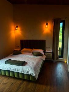 a bedroom with a large bed with a window at WiNGS Retreat in Lupşa