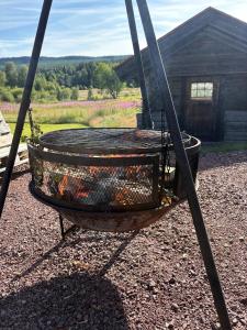 a tire swing in a yard with a house in the background at Vörderåsgården in Transtrand