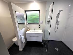 a bathroom with a sink and a shower and a toilet at Arran Motel in Te Anau