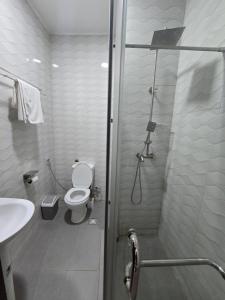 a bathroom with a shower with a toilet and a sink at Grey Ivy Apartment in Abuja