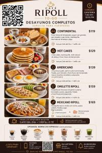 a menu for a restaurant with pancakes and other dishes at Hotel Ripoll Córdoba in Córdoba