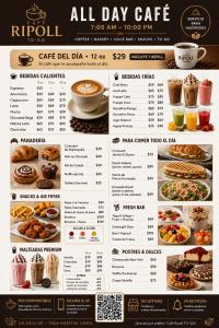 a menu for a cafe with desserts and drinks at Hotel Ripoll Córdoba in Córdoba +29 photos