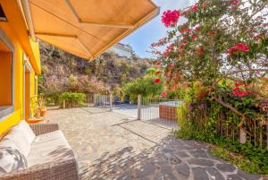 a patio with an umbrella and a bush with flowers at La cara Luna in Santa Brígida