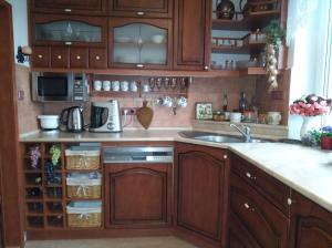 a kitchen with wooden cabinets and a sink at Ubytování Irena in Benešov