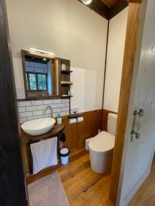 a bathroom with a sink and a toilet at Wood be good inn in Nichinan