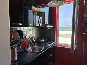 a kitchen with a sink and a stove and a window at Family Hotel Keti in Kobuleti