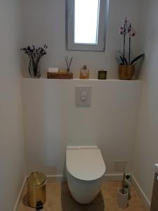a white bathroom with a toilet and a window at La CléryNette in Les Andelys +16 photos