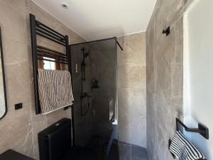 a bathroom with a shower with a glass door at Melograno Lofou in Lofou