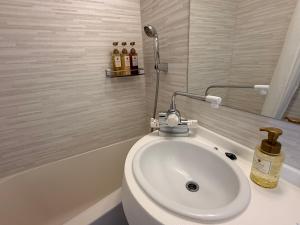 a bathroom with a white sink and a toilet at le Lac Hotel Yokkaichi in Yokkaichi