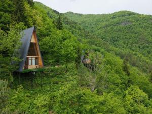 a cabin in the middle of a hill with trees at Prime House Cottages in K'eda