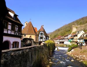 a river in a town with houses and buildings at Gîte le Nid in Uffholtz