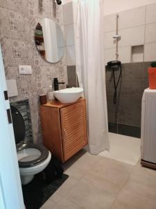 a bathroom with a toilet and a sink and a shower at Aichinger in Hanušovice +9 photos