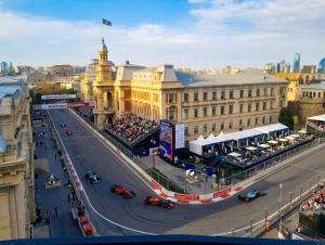 an aerial view of a street in front of a building at Grand Liman Hotel in Baku