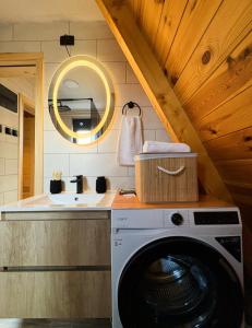 a bathroom with a washing machine and a sink at Cottage Magdalena in Žabljak