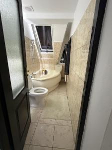 a bathroom with a toilet and a tub and a sink at Apartament EMMA in Bistriţa +28 photos