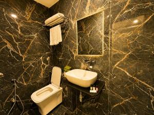 a bathroom with a white toilet and a sink at HOTEL NEAR KASHI VISHWANATH VARANASI SHREE R-KRISHNA - wifi - Lift - FAMILY HOTEL in Varanasi +18 photos