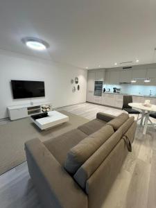 a large living room with a couch and a tv at Cozy apartment in Zurich