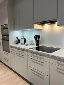 a kitchen with white cabinets and a counter top at Cozy apartment in Zurich +6 photos
