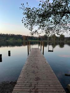a wooden dock in the middle of a lake at Cozy apartment in Zurich