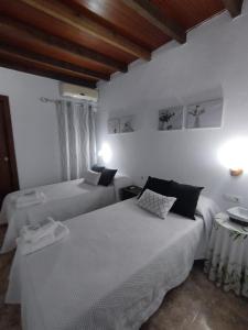 two beds in a room with white walls and wooden ceilings at Alojamiento Acuario in Espiel