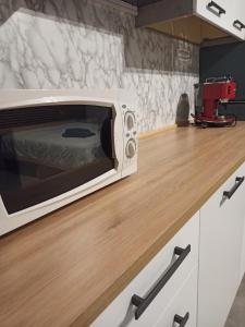 a microwave oven sitting on top of a counter at Mercury Room in Limbiate