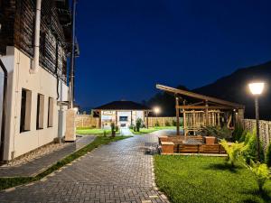 a cobblestone path in front of a building at night at Vidra Dacica in Vidra