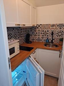 a small kitchen with a microwave and a sink at BEAU STUDIO NEUF en provence in Pélissanne