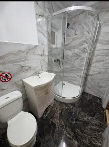 a bathroom with a toilet and a shower and a sink at Sixtor hause in Salonta