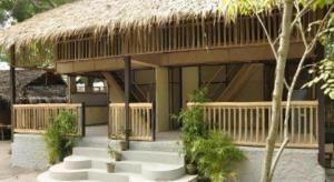 a building with a straw roof and stairs in front at Paseo Verde Beach Resort in Laiya