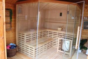 a sauna with a glass shower in a cabin at Ferienhaus Elsa mit Sauna und Whirlpool in Großschönau +39 photos