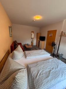 a hotel room with two beds and a television at Hotel & Gasthaus Forelle in Thale +11 photos