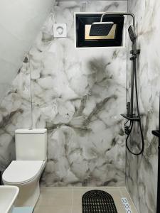 a bathroom with a toilet and a marble wall at Gerlik Cottage in Mestia +18 photos